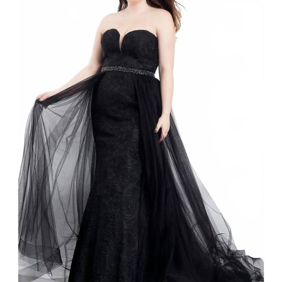 NEW RACHEL ALLAN strapless lace floral prom dress with overskirt in black